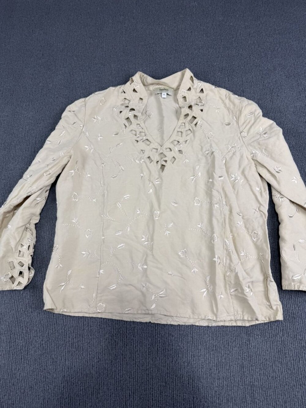 Neiman Marcus Womens Light Brown Embroidered Long Sleeve Blouse 14